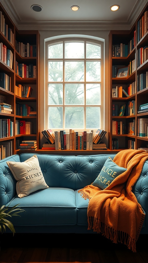 A cozy reading nook featuring a blue couch, surrounded by bookshelves filled with books, a large window allowing natural light, and an orange throw blanket.