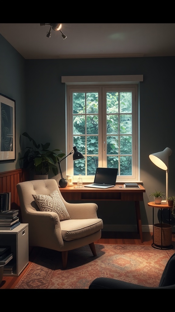 A cozy reading nook featuring an armchair, a desk with a laptop, and ambient lighting