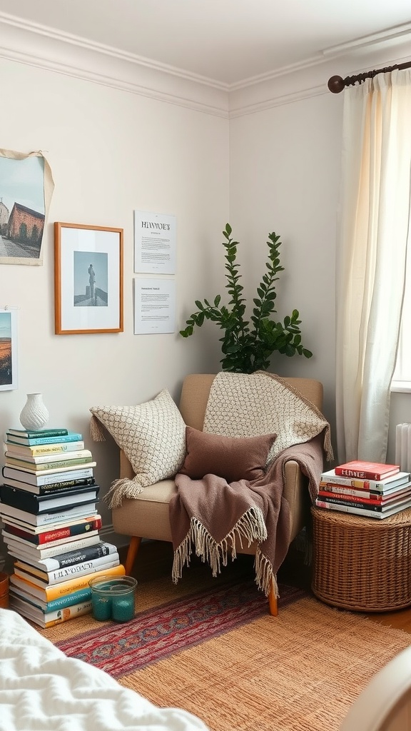 A cozy reading nook featuring a comfortable armchair with pillows and blankets, a stack of books, and a potted plant in a boho-styled bedroom.