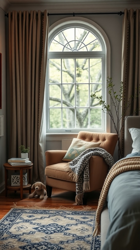 Cozy reading nook featuring a chair with leopard accents, a side table with books, and a window with natural light.