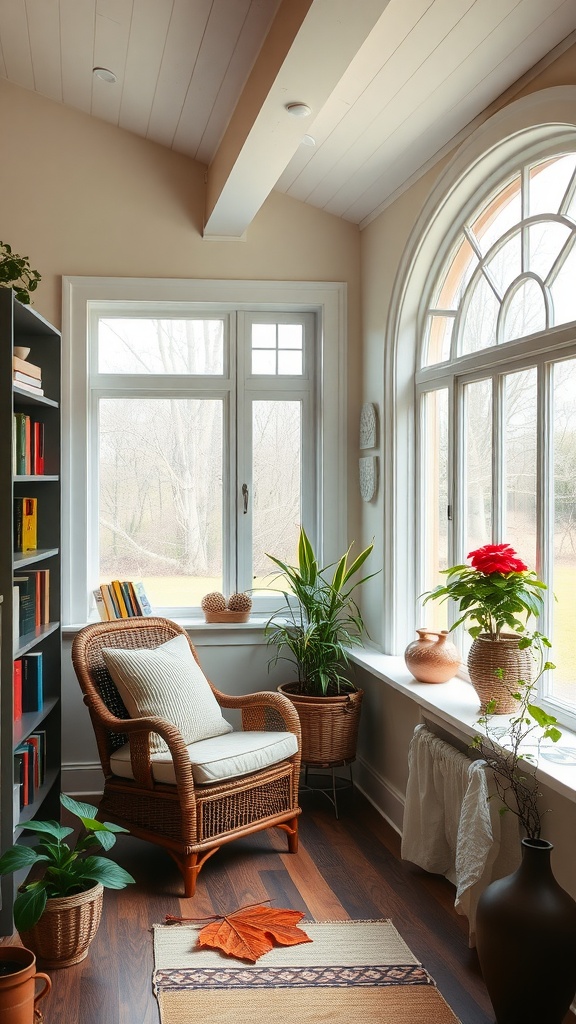 Cozy reading nook with rattan chair, bookshelves, plants, and large windows letting in natural light.