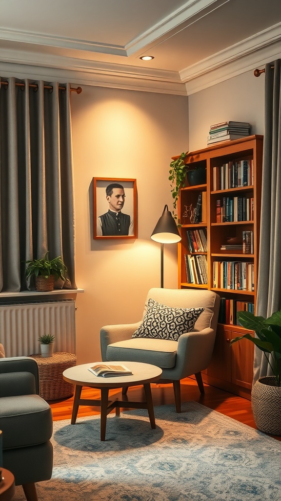 Cozy reading nook with a comfortable chair, warm lamp light, and bookshelves