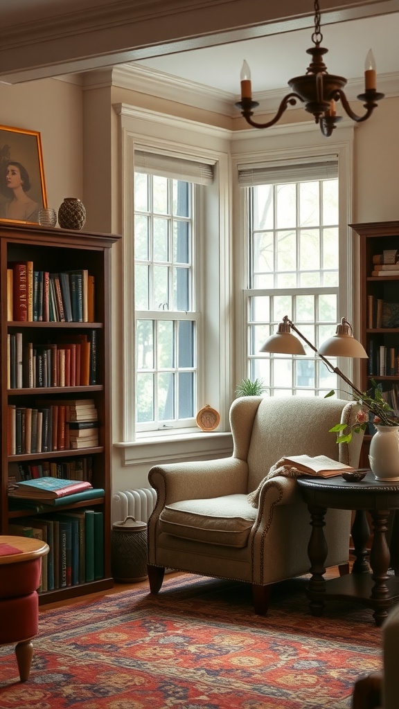 A cozy reading nook in a colonial living room with a soft armchair, bookshelves, and natural light.