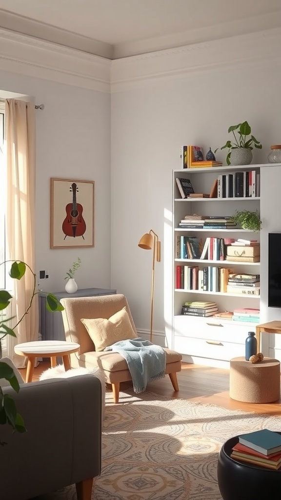 Cozy reading nook in a living room featuring a soft armchair, bookshelf, and natural light.