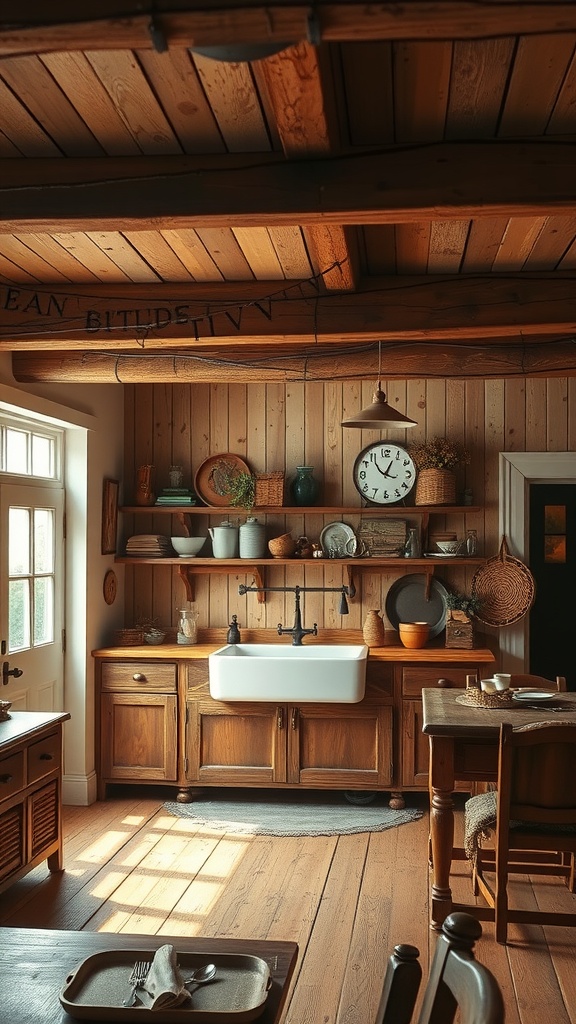 Cozy rustic kitchen with wooden beams, farmhouse sink, and open shelving