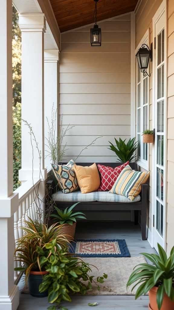 A cozy small porch with a comfortable bench, colorful pillows, and plants.