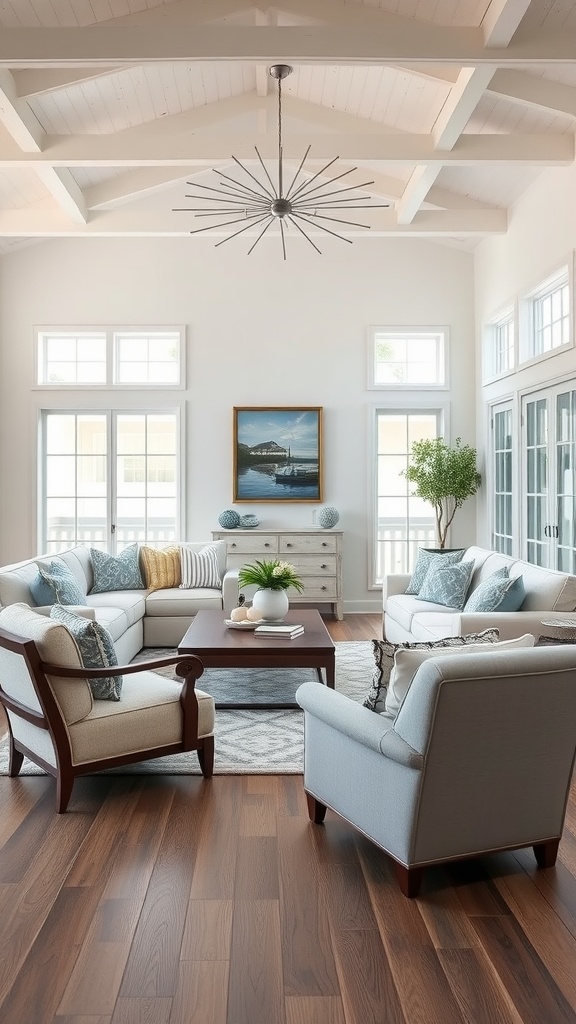 Cozy coastal chic living room with comfortable seating arrangements and abundant natural light