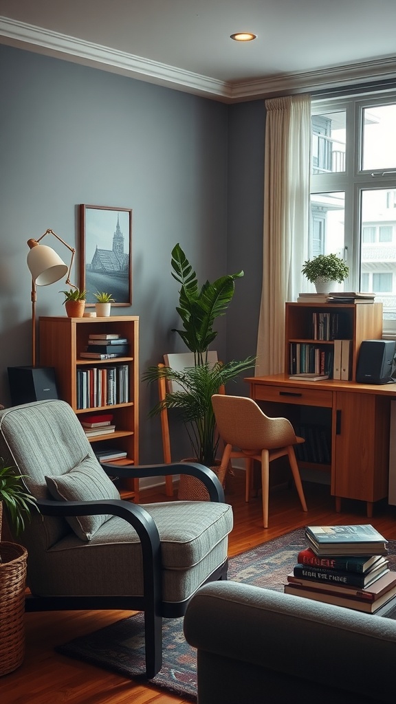 Cozy study nook with a comfy chair, natural light, and bookshelves.