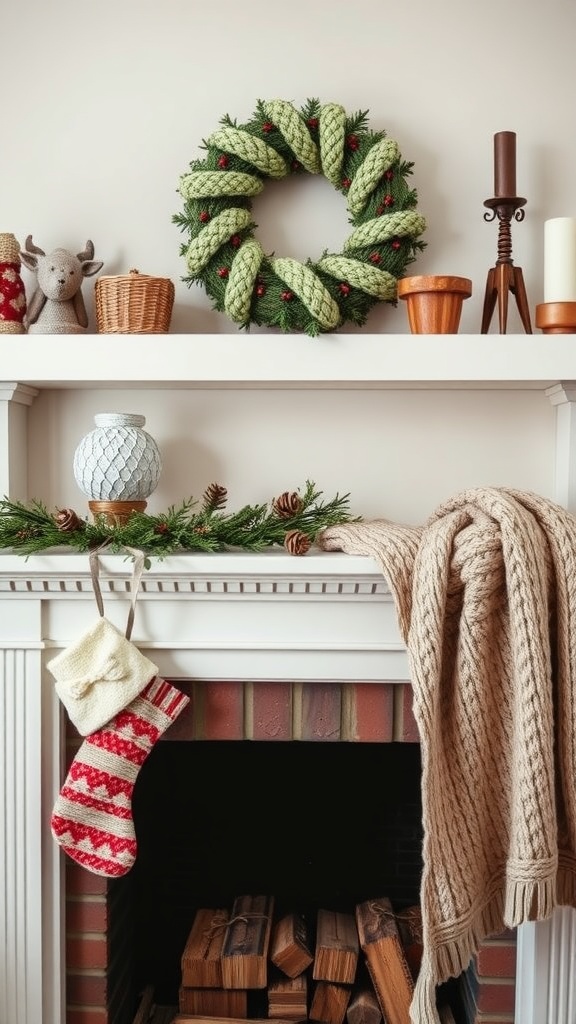 A cozy Christmas mantel decorated with a knitted throw, stockings, and a festive wreath.