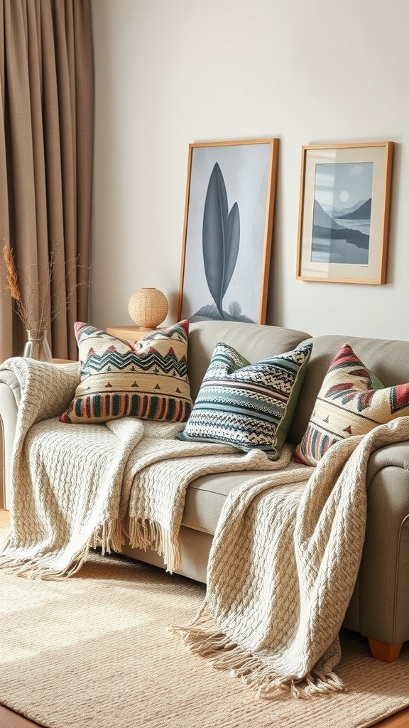 Cozy living room with pillows, knitted throws, and natural decor elements