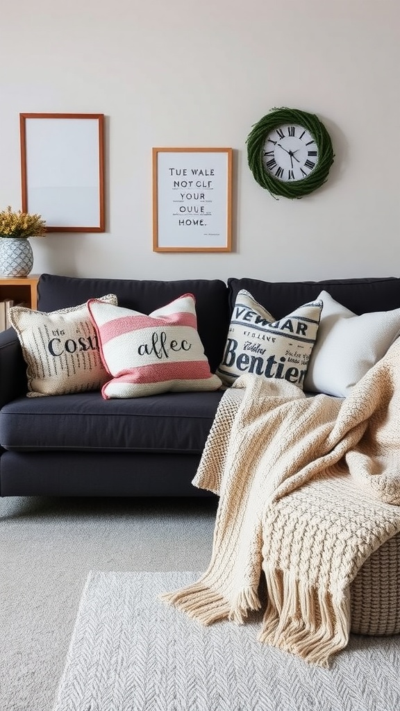 A cozy living room featuring a dark gray sofa with various textured pillows and a beige blanket, complemented by a light rug.