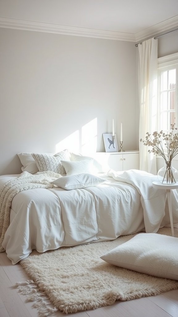 A cozy all-white bedroom with a soft bed, decorative pillows, and a plush rug.