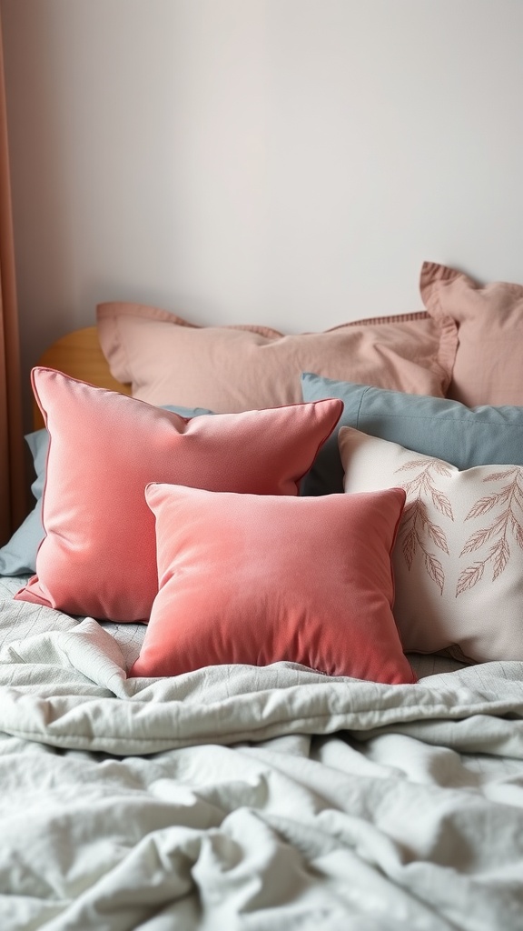 A cozy bed with coral velvet pillows and a light grey linen blanket.