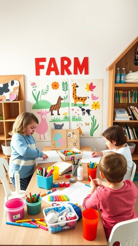 Children engaged in animal-themed craft activities at a nursery.