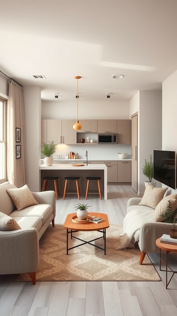 A small open-concept kitchen and living room with light wood tones, beige sofas, and a warm color palette