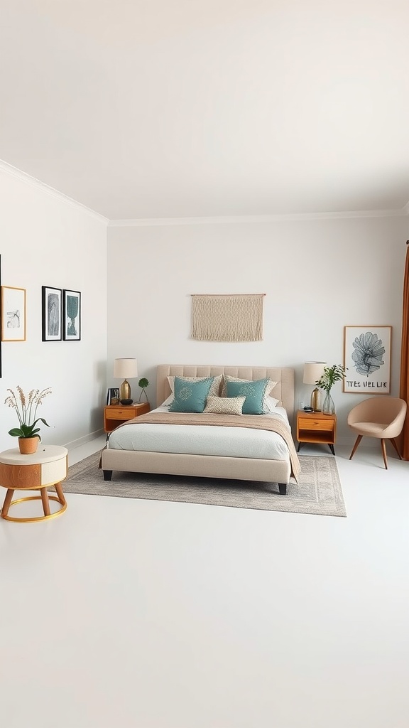 Modern cozy bedroom with neutral decor, featuring a soft color palette, stylish furniture, and decorative elements.