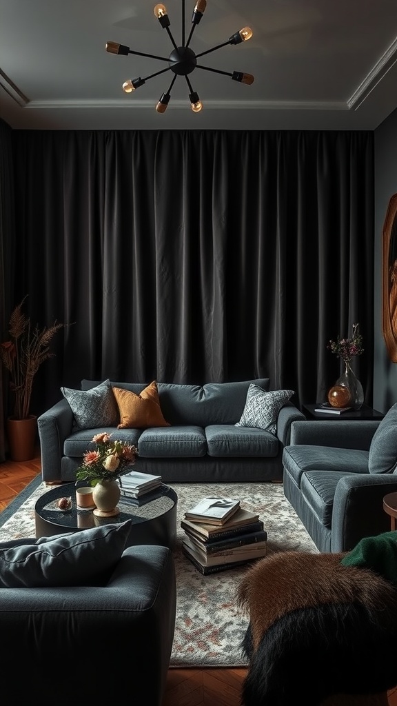 A dark academia inspired living room with plush sofas, a patterned rug, and warm lighting.