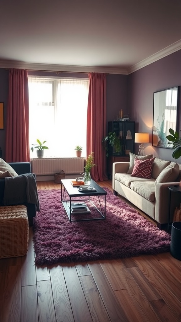 A cozy living room featuring a plush purple rug, light-colored sofa, and warm wooden flooring.