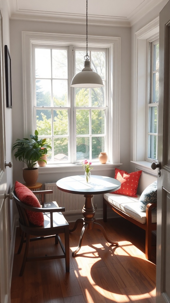 A cozy breakfast nook with a small round table and colorful cushions, surrounded by windows letting in natural light.