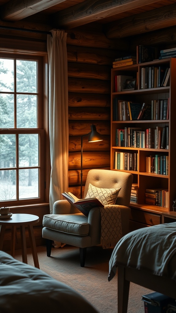 Cozy reading nook in a cabin bedroom with a chair, bookshelves, and window view.