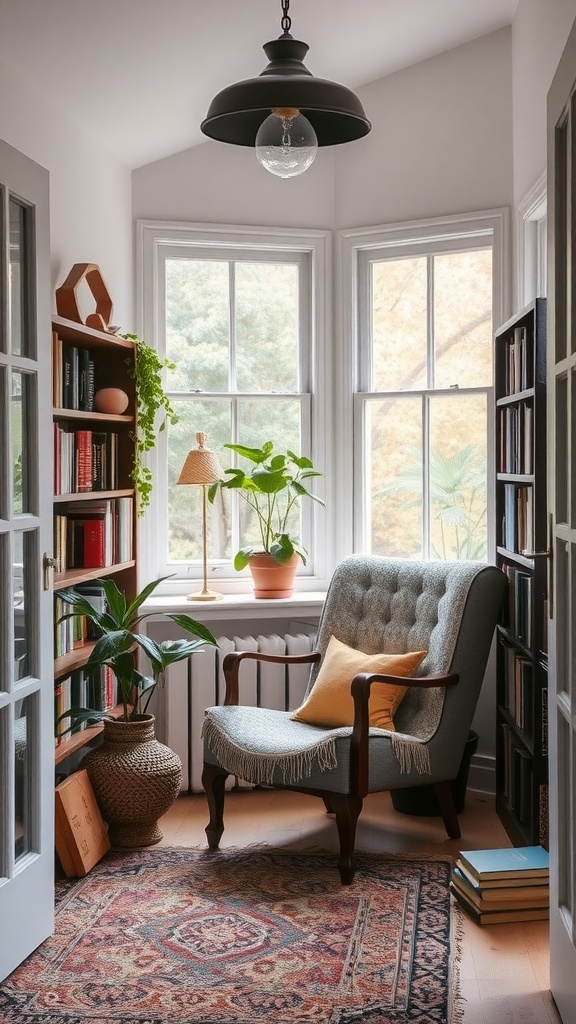 A cozy reading nook in a sunroom with a comfortable chair, bookshelves, and plants