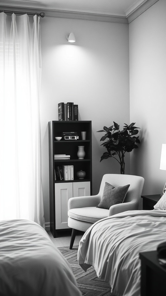 Cozy reading nook with a stylish armchair, bookshelf, and natural light