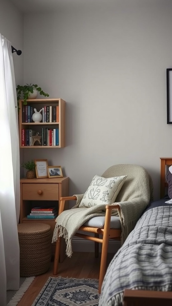 Cozy reading nook in a small bedroom with a chair, blanket, and bookshelf