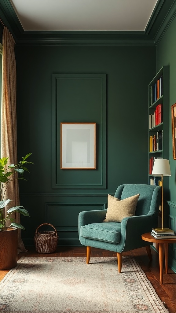 A cozy reading nook with a forest green wall, featuring a comfortable chair, side table with lamp, and potted plants.