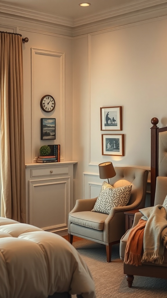 Cozy reading nook in a master bedroom with a comfortable chair, soft throw, and warm lighting.