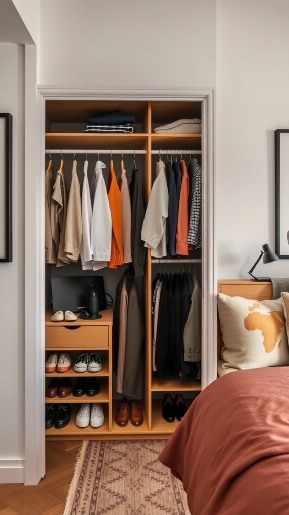 A well-organized small closet with clothes and shoes, showing effective space utilization.