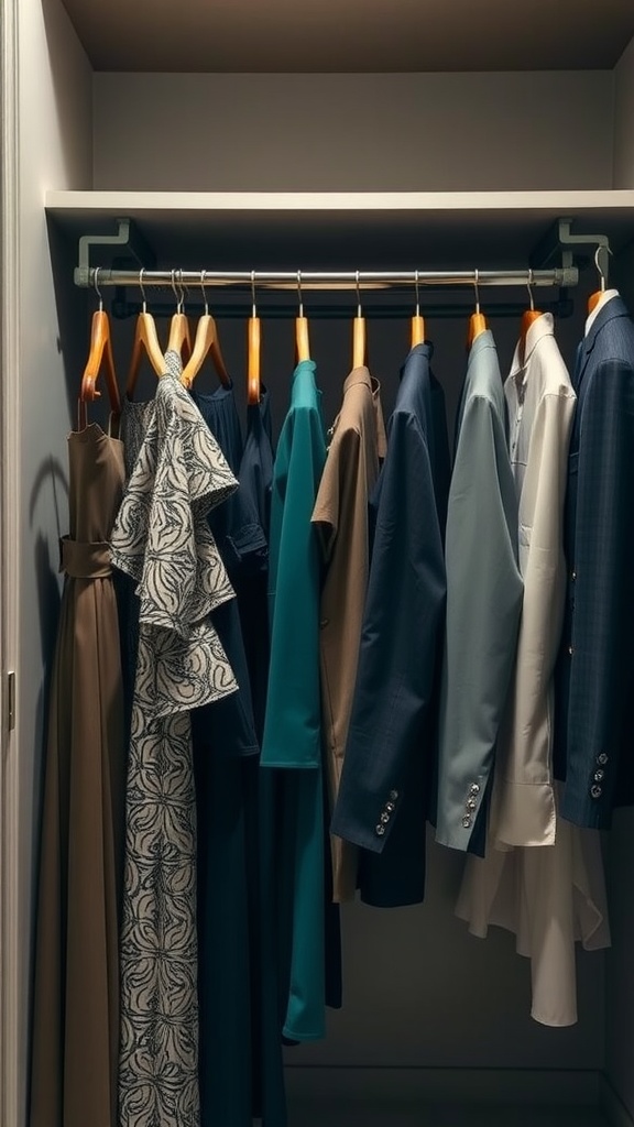 A neatly organized closet with various clothing items hanging on a metal rod