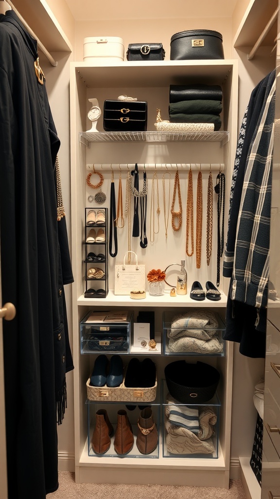 Organized closet space showcasing accessories such as bags, jewelry, and shoes.