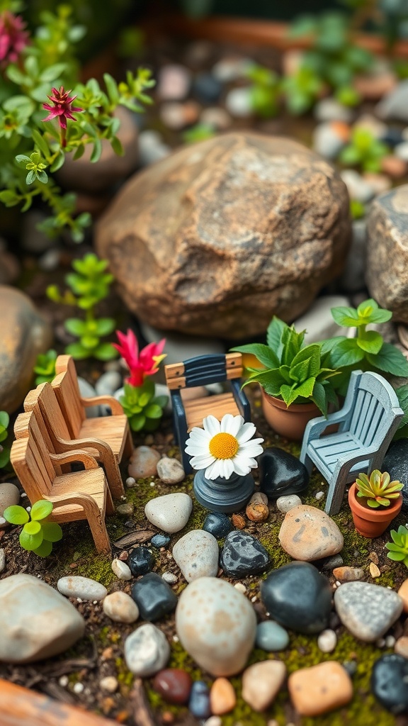 A miniature fairy garden with small chairs, a daisy flower, colorful pebbles, and tiny plants.