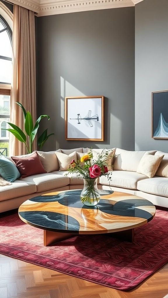 Cozy living room featuring a statement coffee table, soft sofa, and fresh flowers.