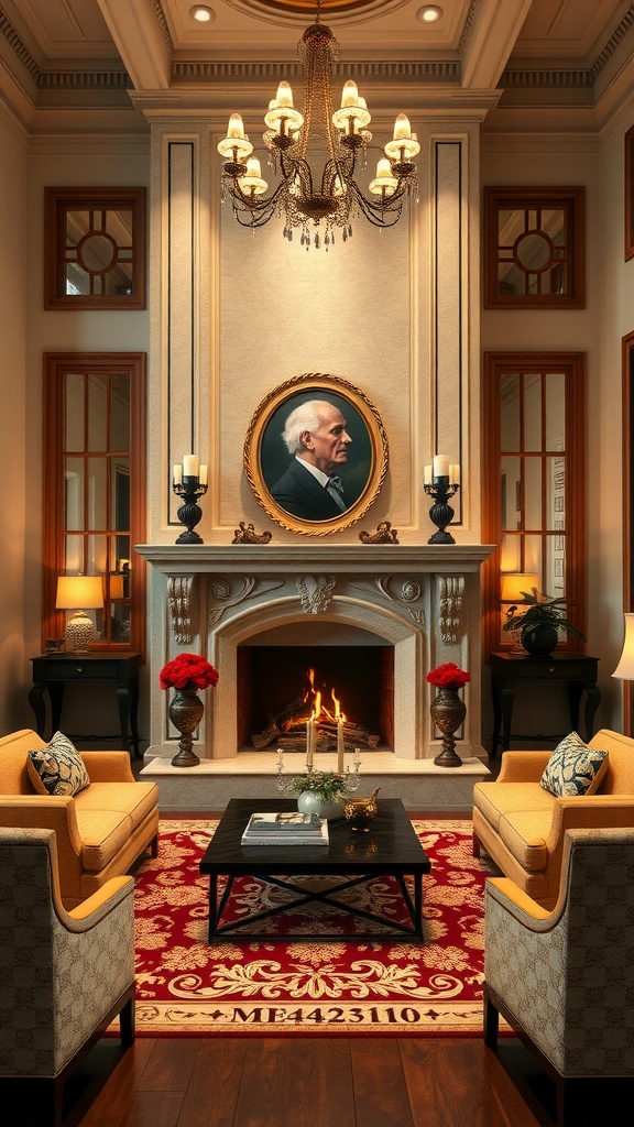 A formal living room featuring a fireplace, elegant furniture, and decorative elements.