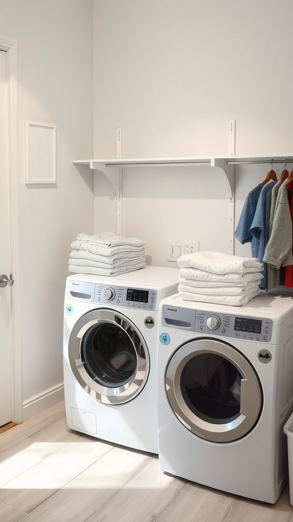 A clean laundry room with two white washing machines, a shelf above holding folded towels, and some hanging clothes.