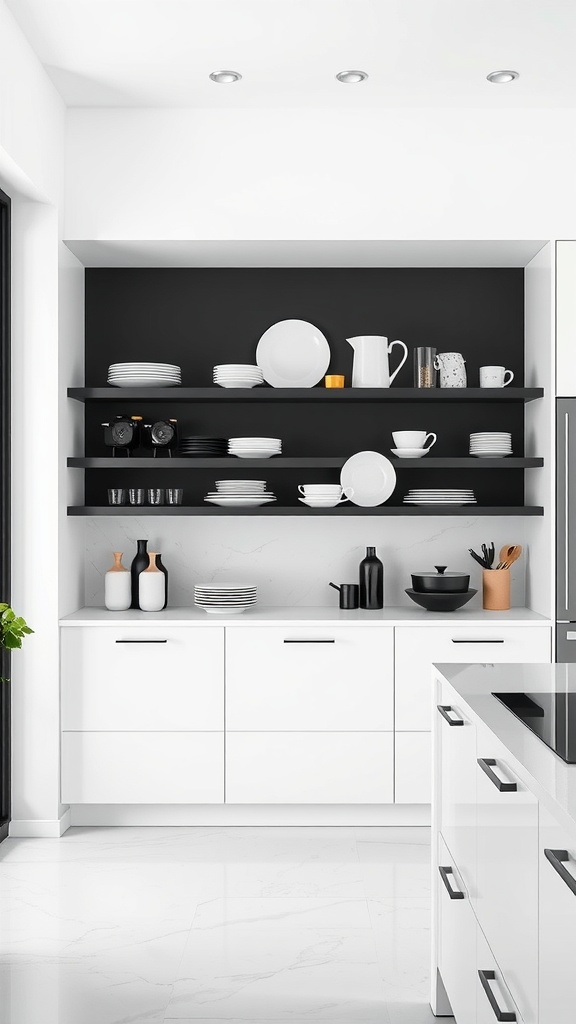 Modern kitchen with open shelving featuring black and white dinnerware