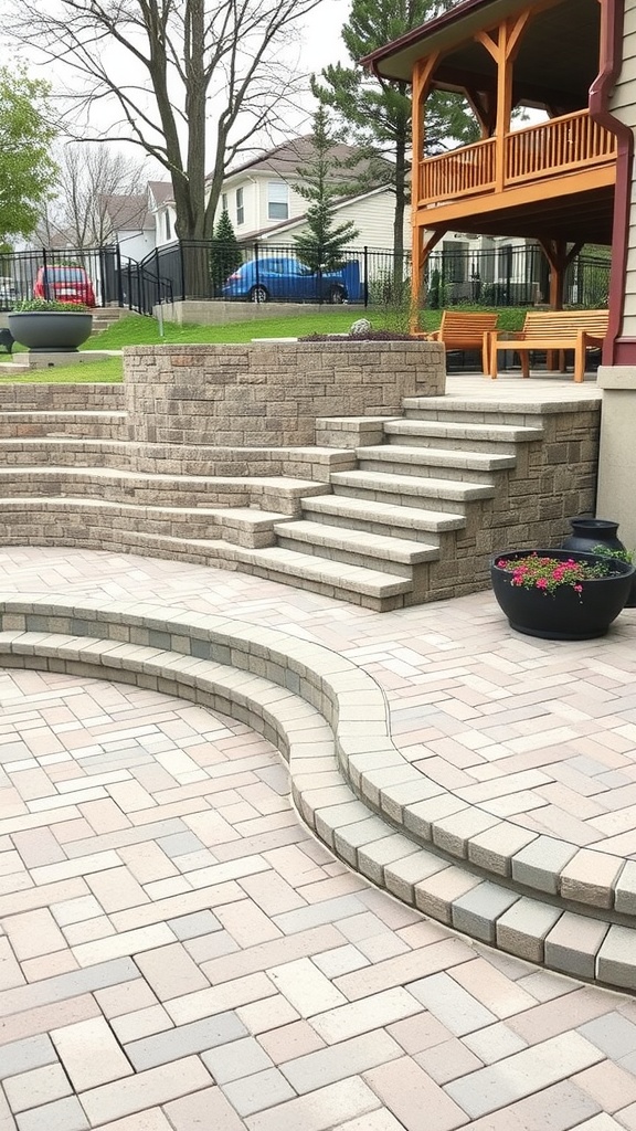 A multi-level patio design with steps, seating areas, and curved pathways made of pavers.