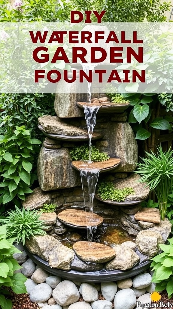 DIY waterfall garden fountain surrounded by lush greenery