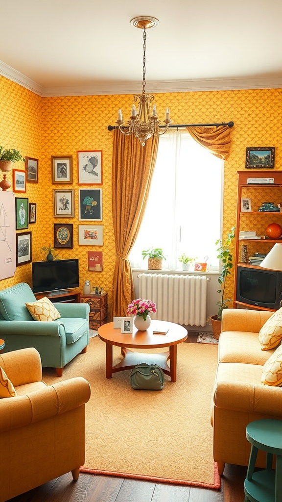 A vibrant living room with yellow patterned walls, turquoise and yellow furniture, and framed art.