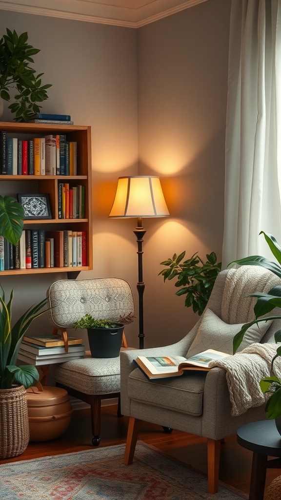 A cozy reading nook with an armchair, side chair, bookshelves, and plants.