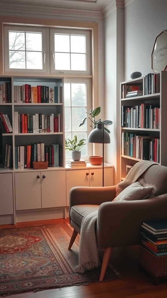 A cozy reading nook featuring an armchair, bookshelf filled with books, and a plant by the window.