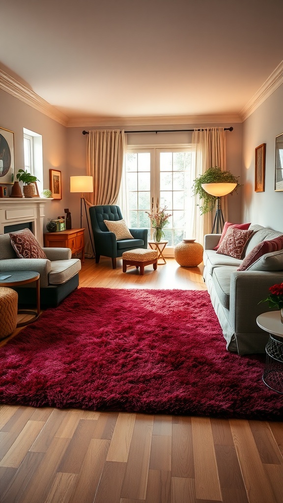 Cozy living room with a burgundy rug, soft seating, and warm lighting.