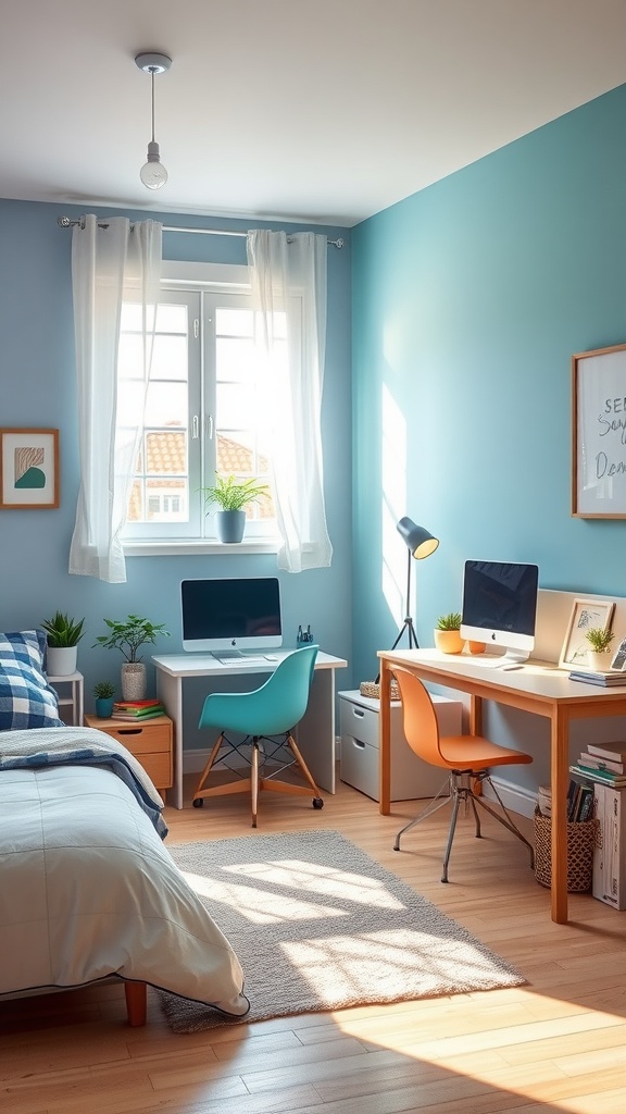 A cozy office bedroom with blue walls, two computers, and decorative plants.