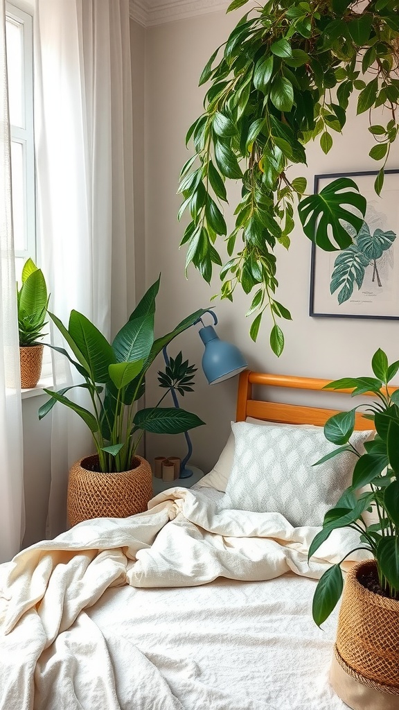 A cozy small bedroom featuring plants, natural light, and simple decor.