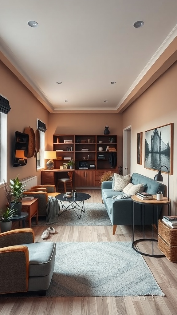 A long narrow living room with defined functional zones, featuring a cozy seating area with chairs and a coffee table on one side, and a sofa with side tables on the other.