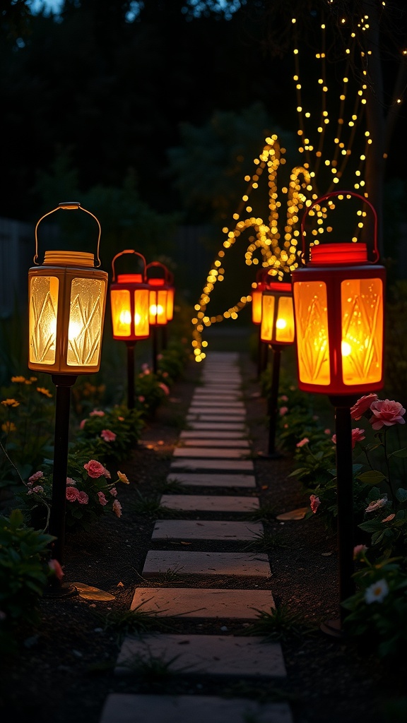 A garden path lined with glowing lanterns made from plastic containers, surrounded by flowers and fairy lights, creating a cozy outdoor atmosphere.