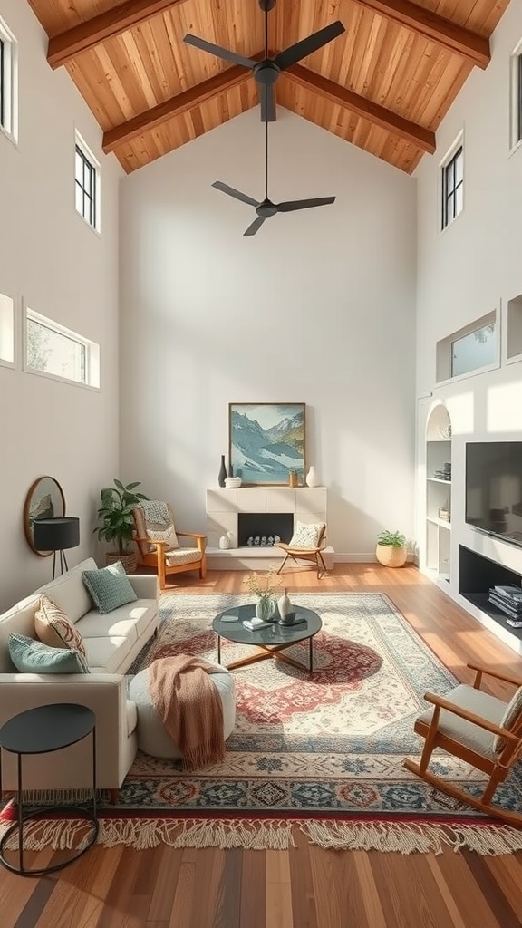 A high-ceiling living room featuring a patterned area rug, cozy seating, and wooden accents.