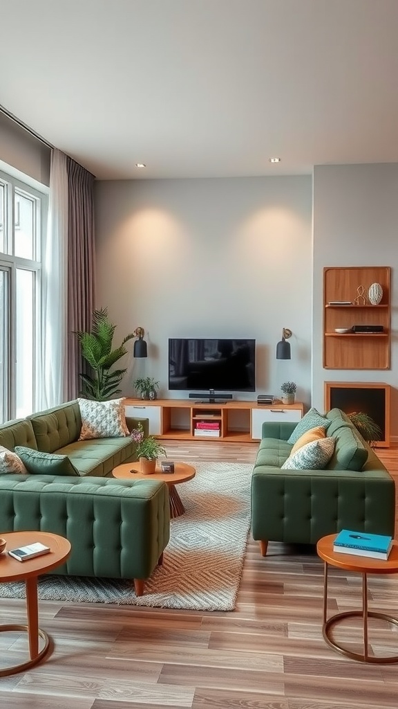 Stylish living room with green couches arranged to create conversation zones