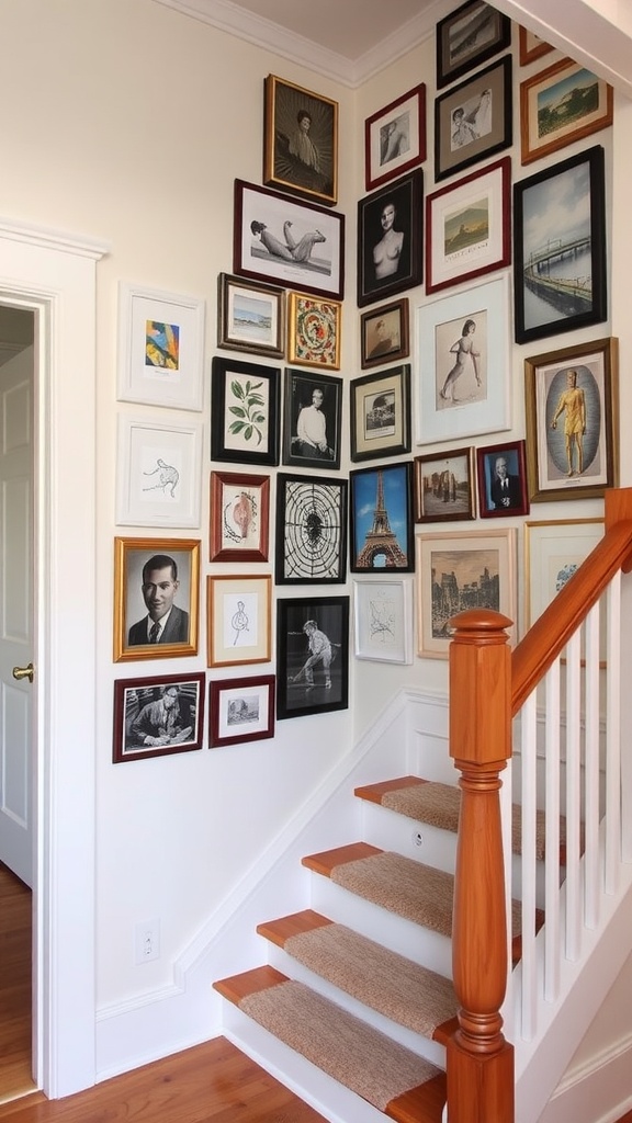 A staircase nook displaying a collection of framed art and photographs on the wall.